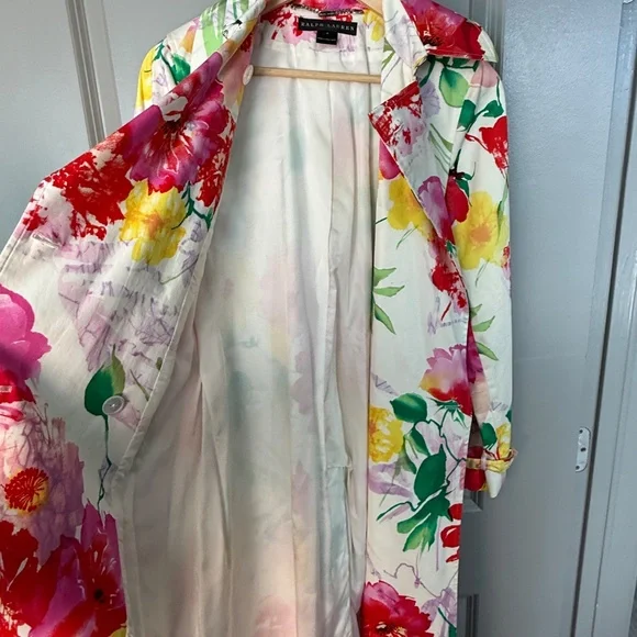 Ralph Lauren Black Label Watercolor Spring Floral Trench Coat Duster Belt Size 2 - Picture 5 of 11